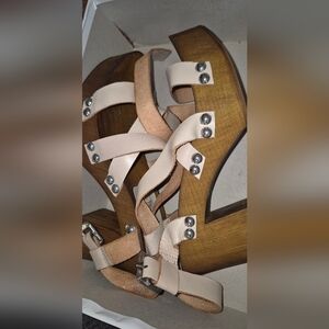 Beige Strappy Wooden Platform Sandals